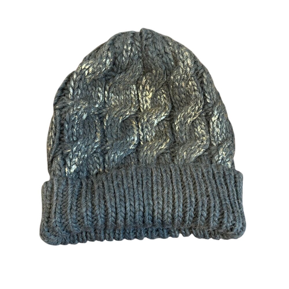 Anthro Bettina Italian Metallic Cable Knit Beanie Gold Gray Wool Blend‎ Hat